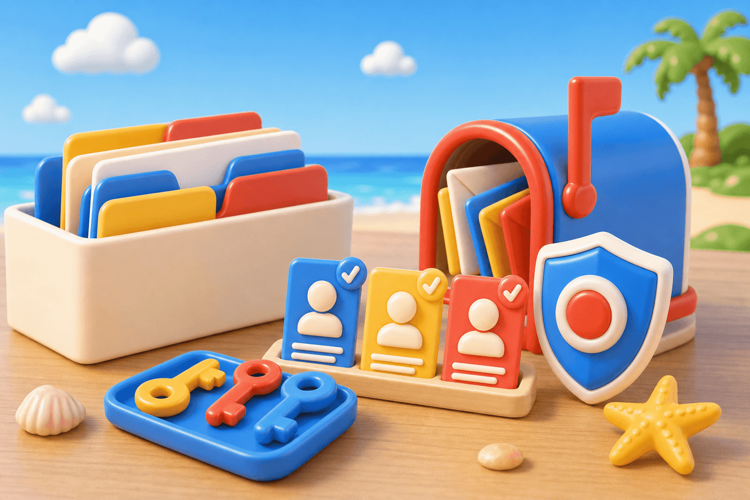 Organized outbound email setup with DNS keys, contact cards, and a protected mailbox