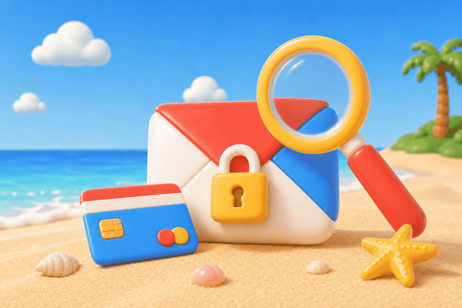 Locked verification email beside a card under a magnifying glass