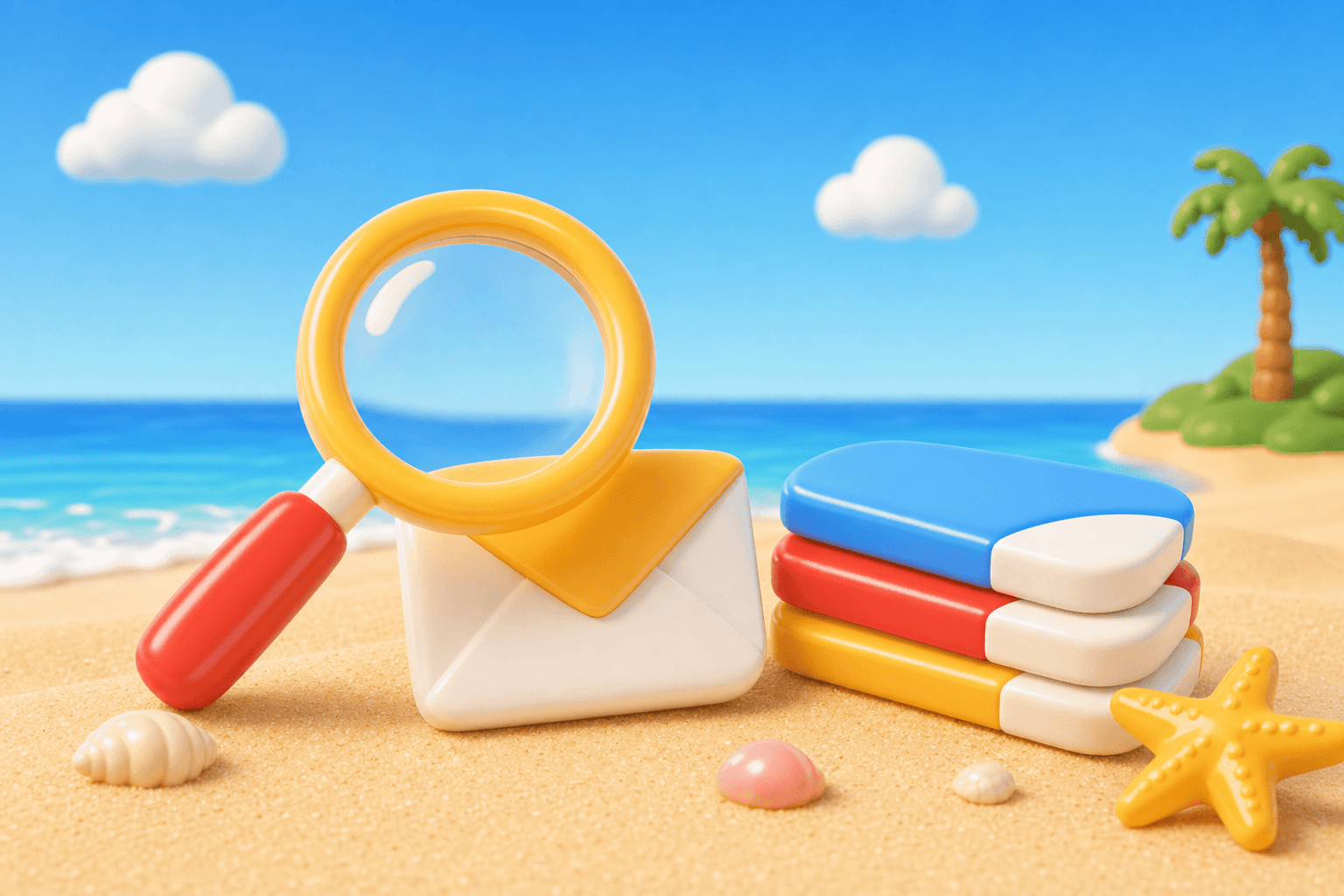 Magnifying glass inspecting an email envelope and domain cards
