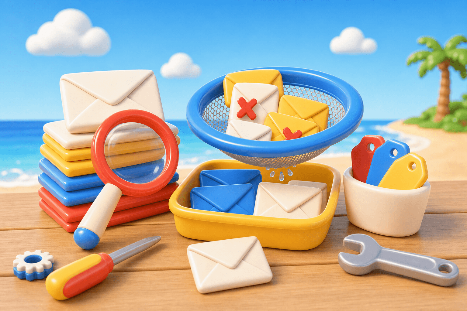 Workbench showing envelopes being inspected and bad addresses filtered out