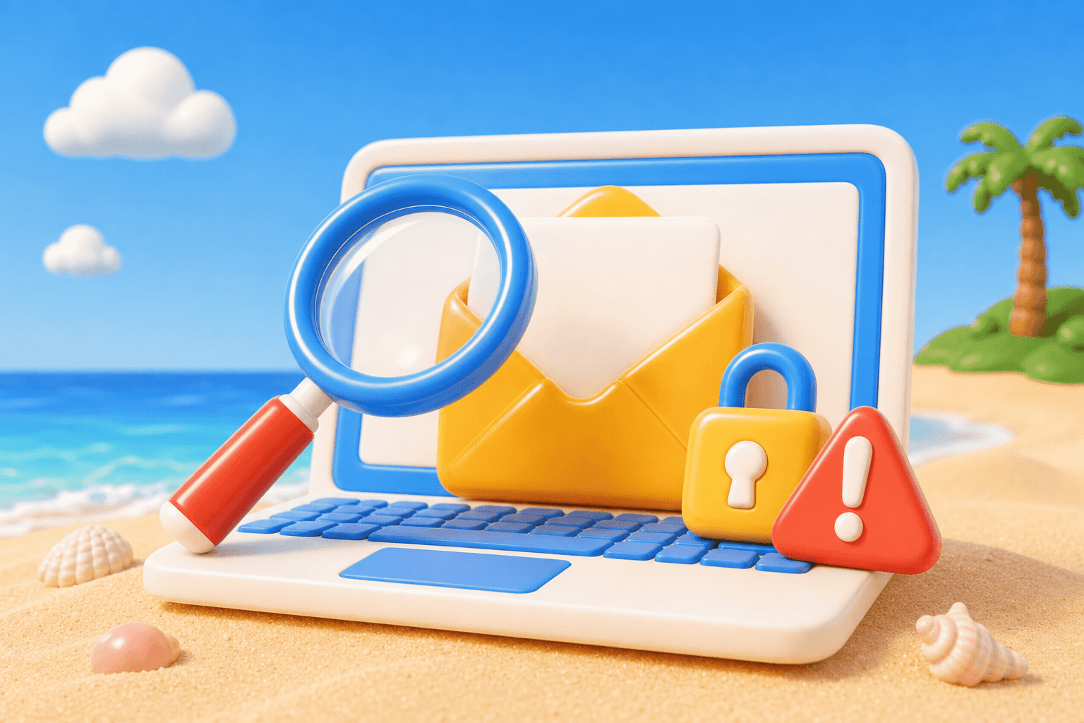 Magnifying glass inspecting a verification email on a laptop