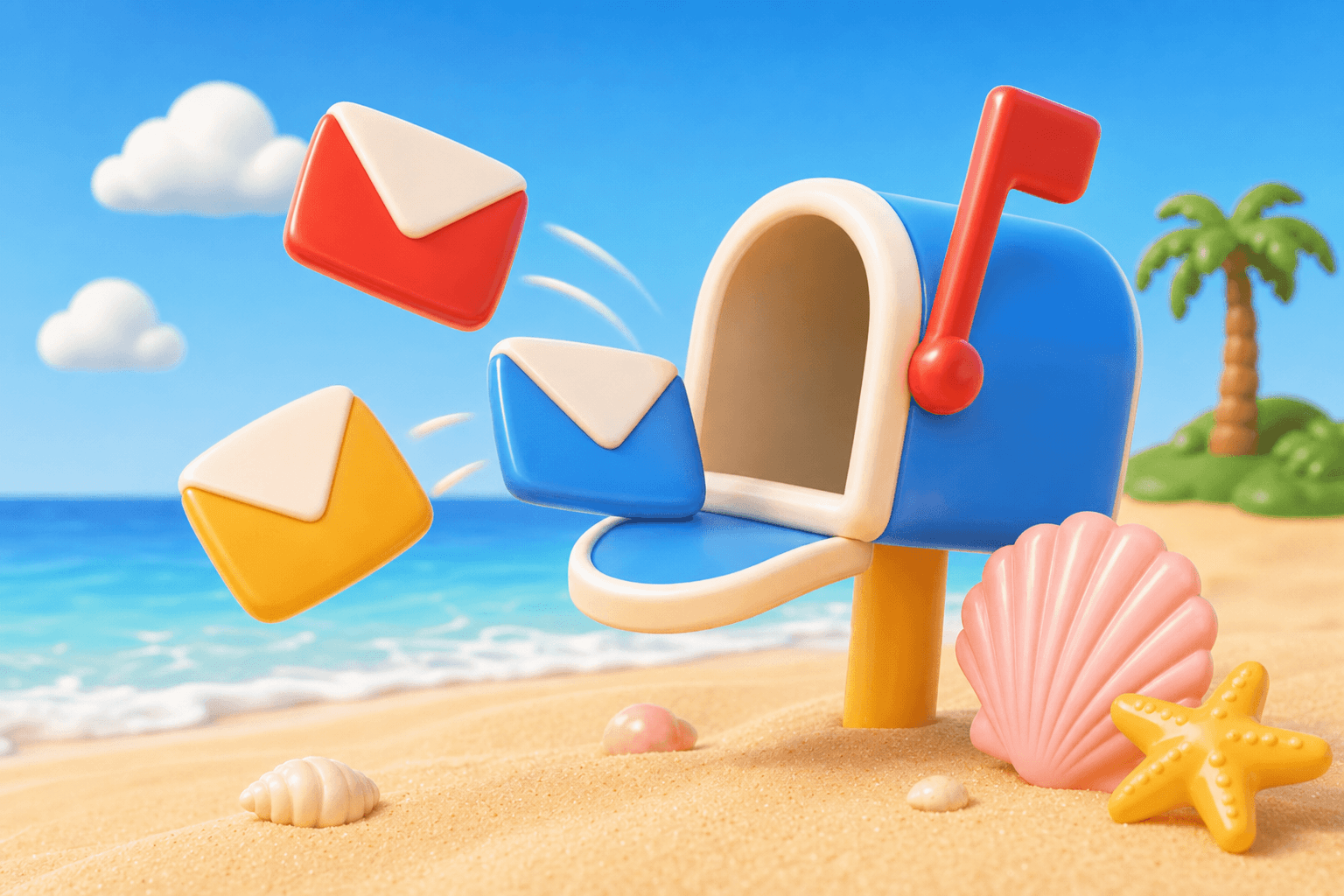 Mailbox with a raised complaint flag and envelopes bouncing away