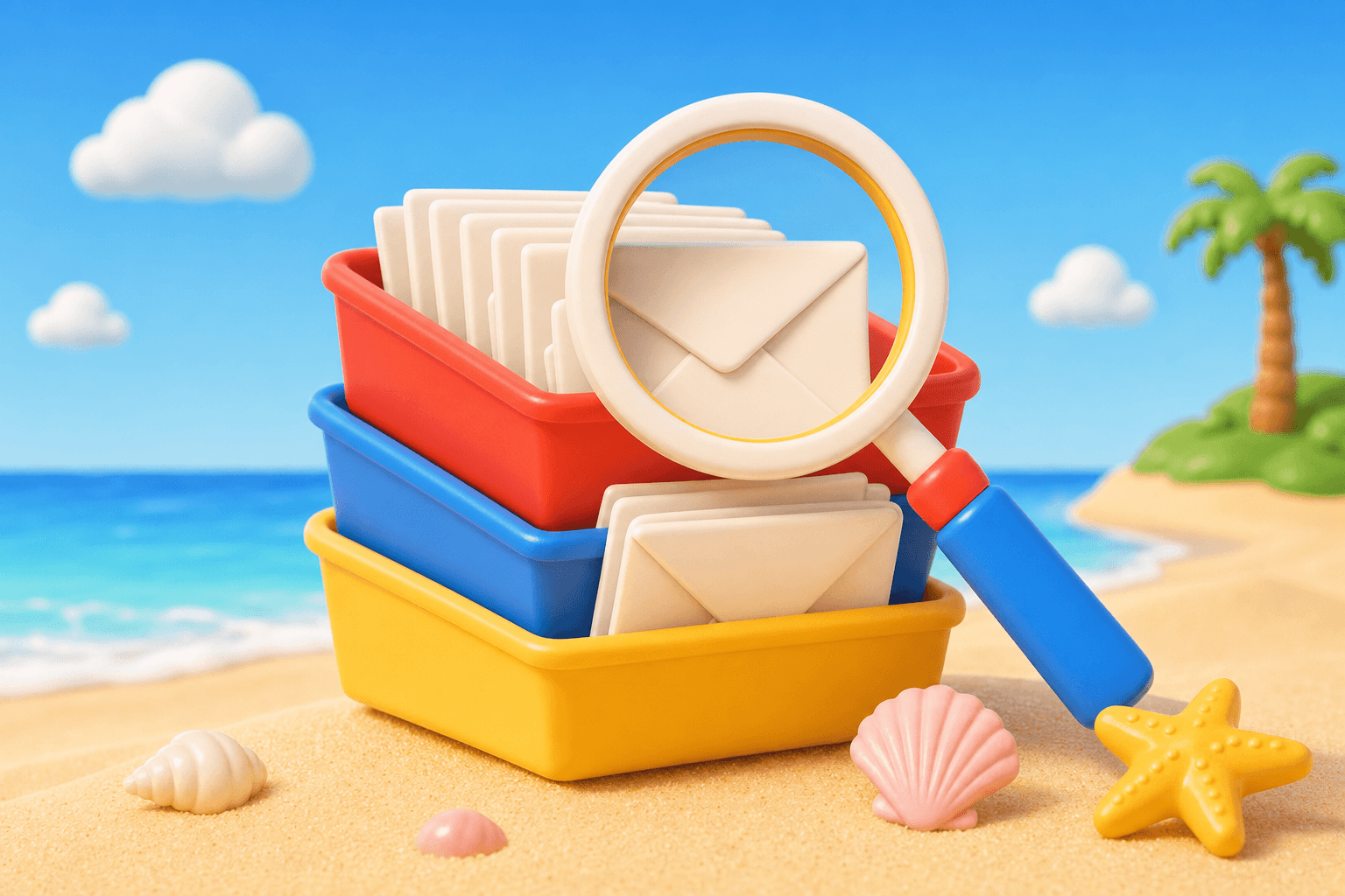 Magnifying glass inspecting returned envelopes sorted into trays
