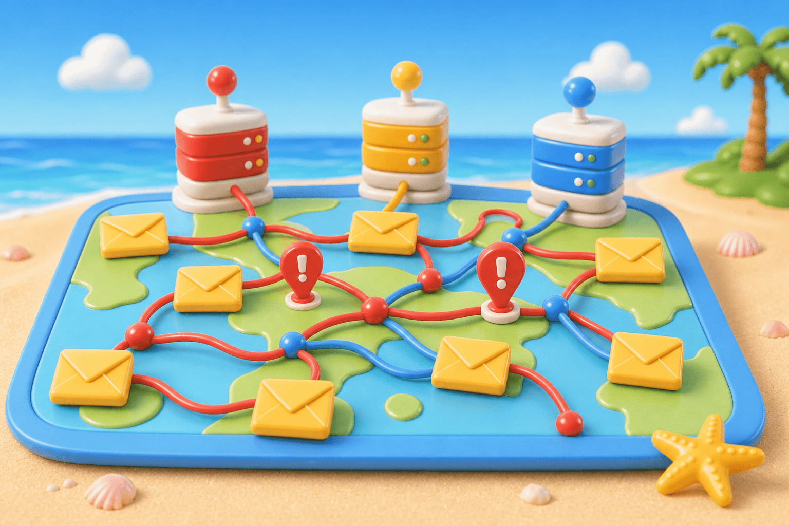 Operational map showing envelope markers and mail server connections