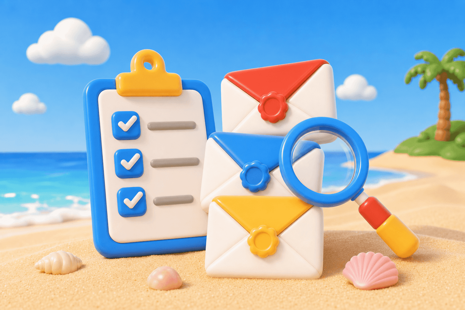 Clipboard checklist and magnifying glass inspecting authenticated email envelopes