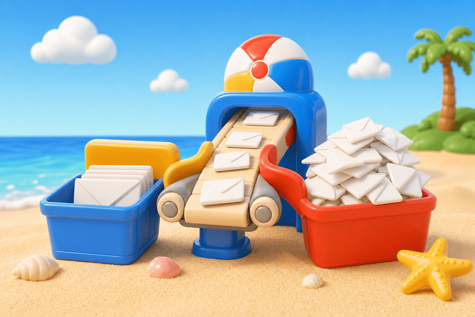 Envelopes being sorted between an inbox tray and a spam bin
