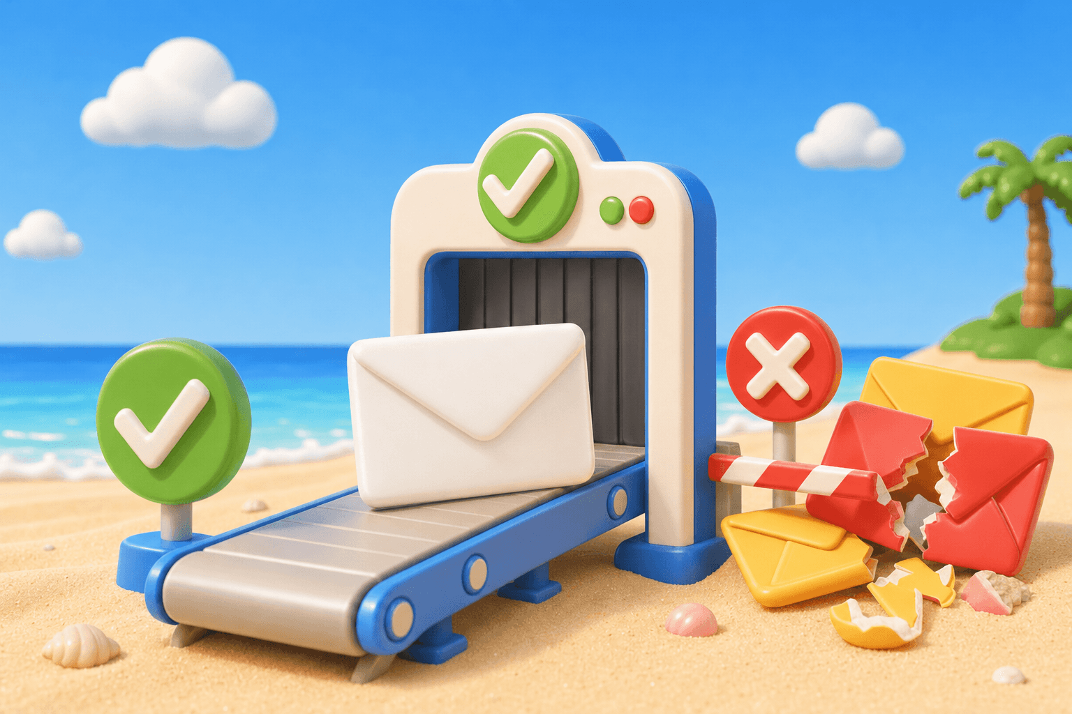 Verified email envelope passing a checkpoint while risky emails are blocked