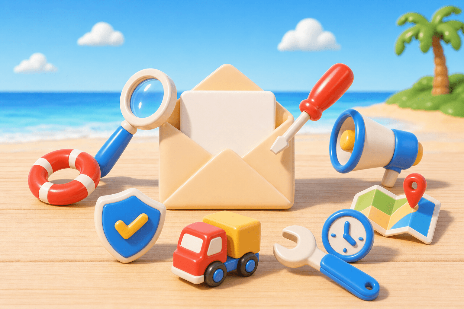 Deliverability tools arranged around an open envelope