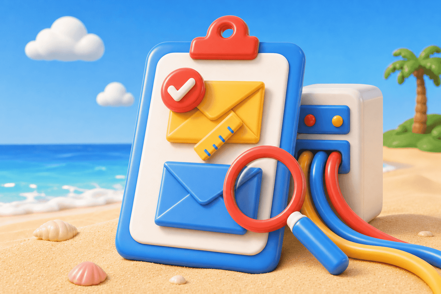 Clipboard comparing email validation and verification with envelopes and a magnifying glass