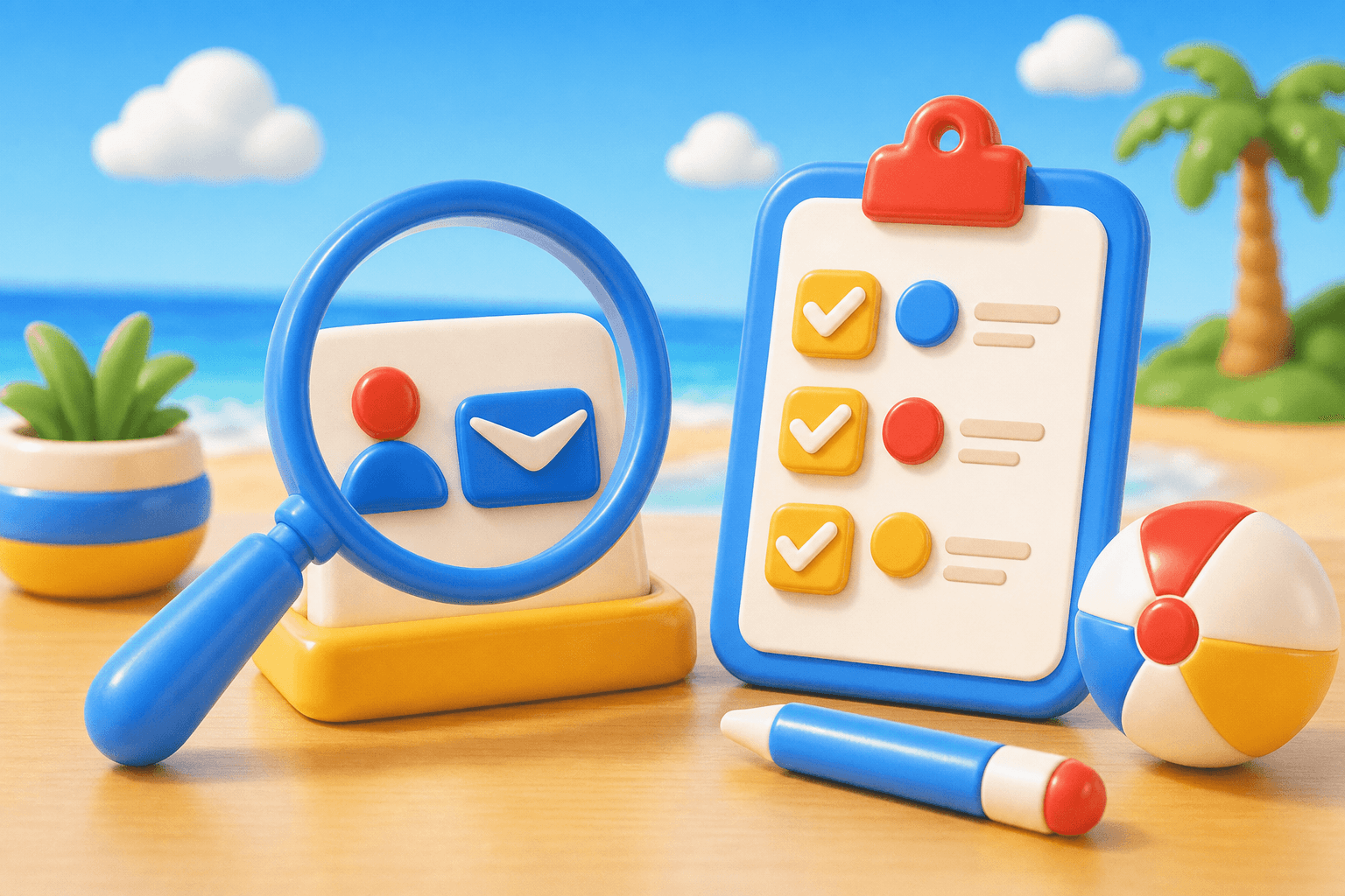 Magnifying glass checking a company email address card with verification checklist