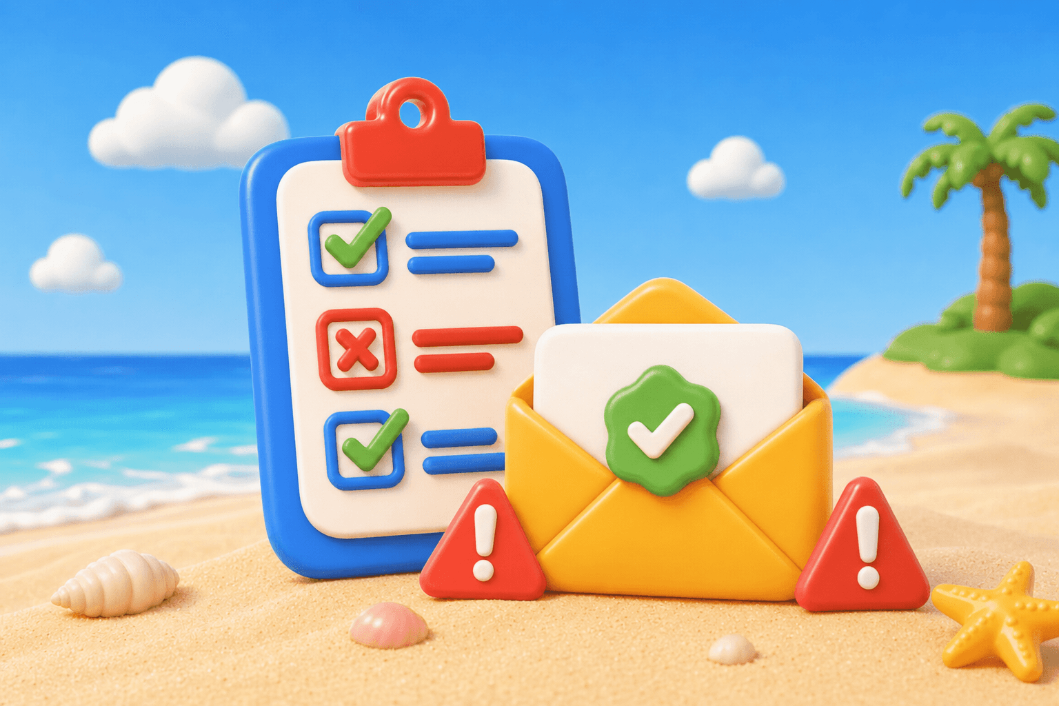 Checklist clipboard next to an authenticated envelope and invalid email warnings