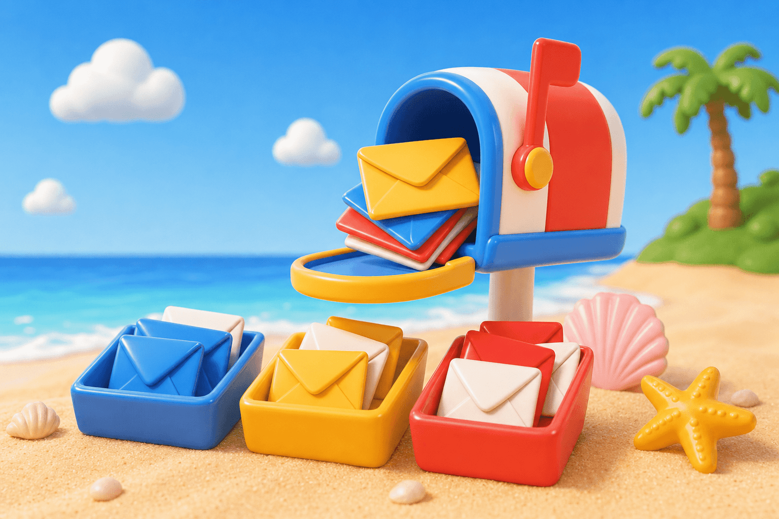 Envelopes sorted into keep, verify, and suppress trays near a mailbox