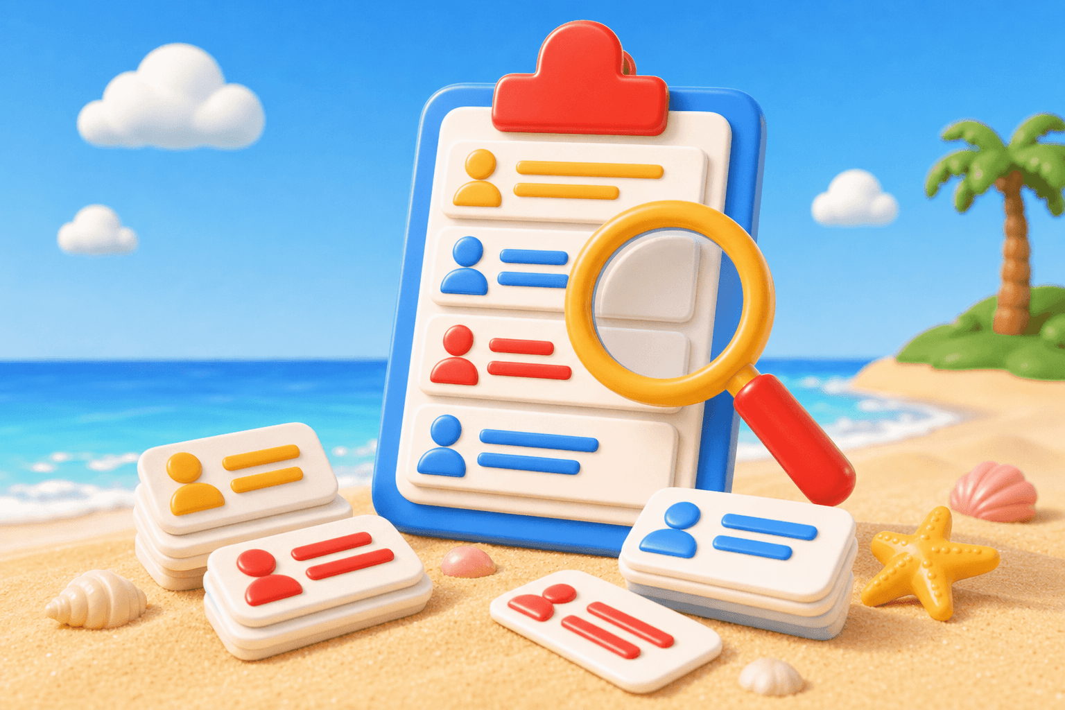 Magnifying glass inspecting a mailing list with flawed contact cards set aside