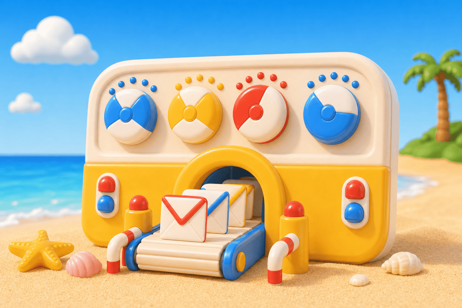 Outbound email control panel guiding envelopes through a guarded inbox gate
