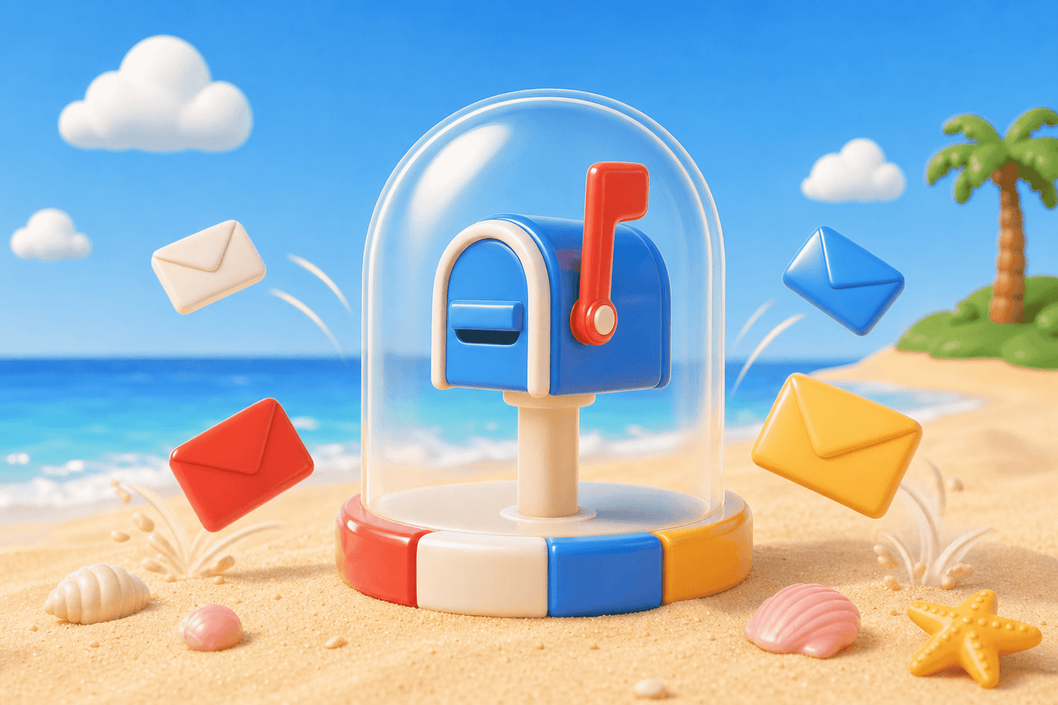 Sales mailbox protected by a shield as bounced envelopes fall away