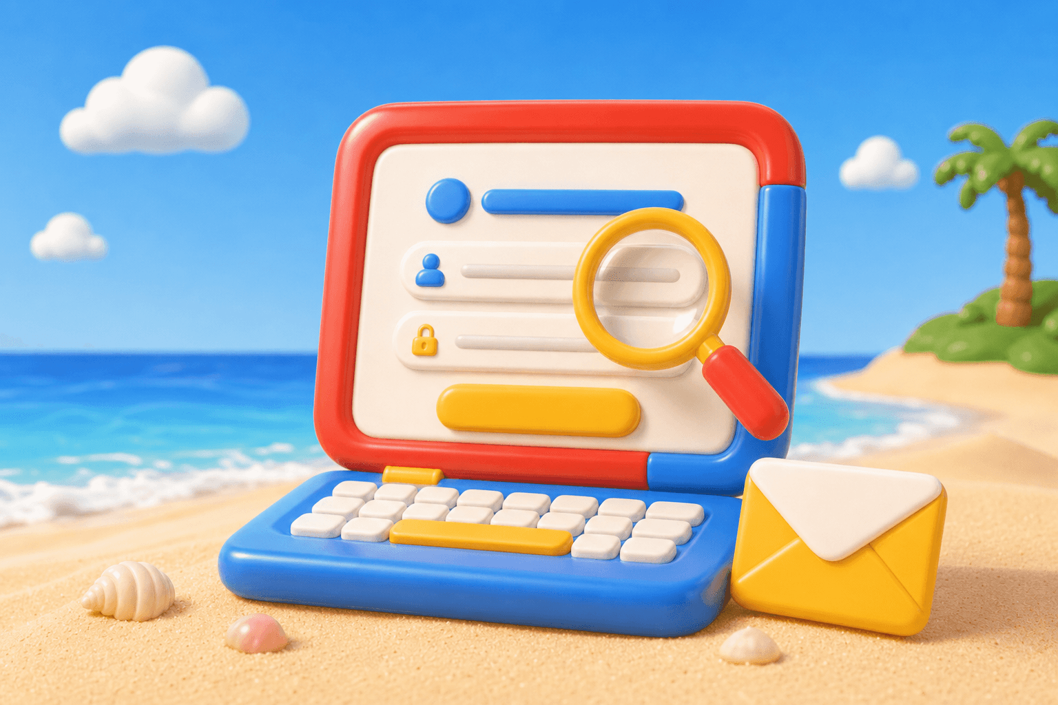 Laptop signup form with a magnifying glass checking an email address