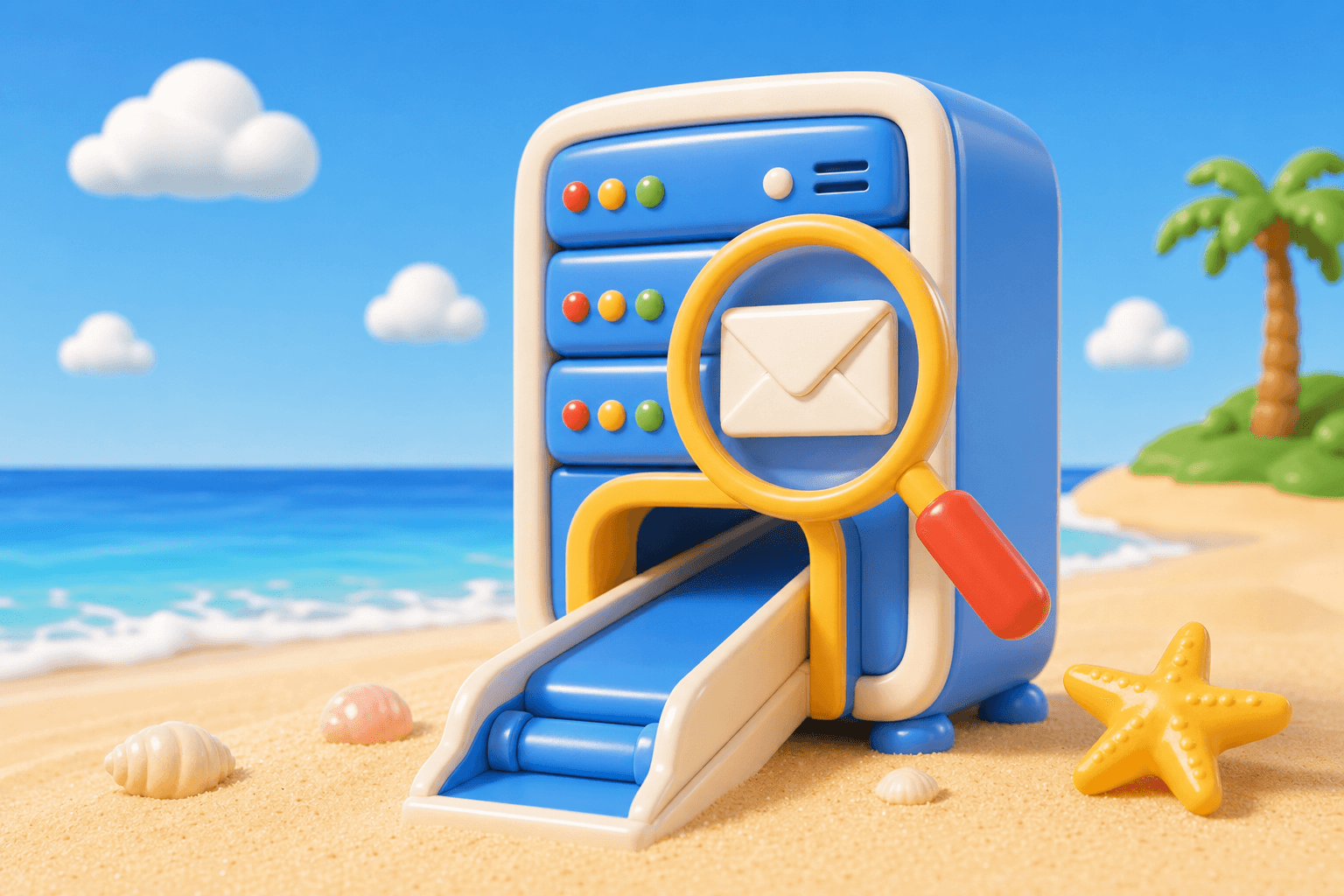 Magnifying glass inspecting an envelope before email delivery